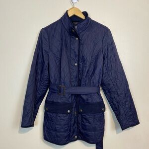 Talbots Woman Quilted Belted Fleece Lined Winter Jacket Navy Blue